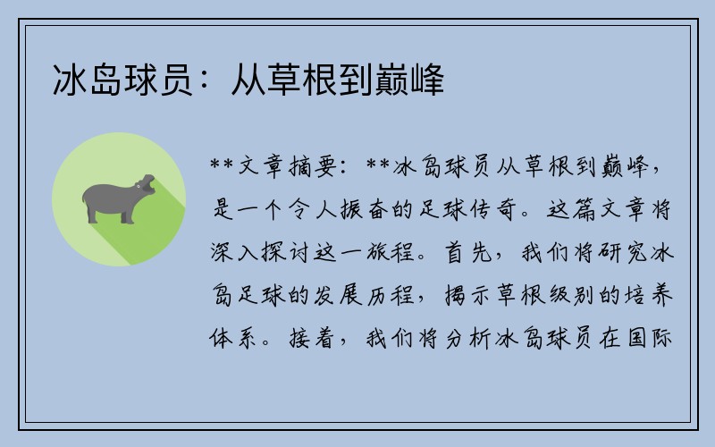 冰岛球员：从草根到巅峰