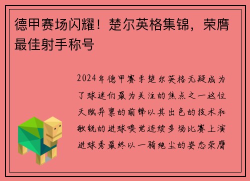 德甲赛场闪耀！楚尔英格集锦，荣膺最佳射手称号