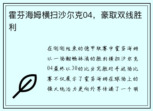 霍芬海姆横扫沙尔克04，豪取双线胜利
