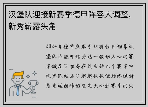 汉堡队迎接新赛季德甲阵容大调整，新秀崭露头角